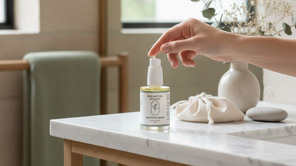 Face Matters Skincare Face Food Serum in a glass bottle on a marble bathroom vanity with a hand pressing the pump.