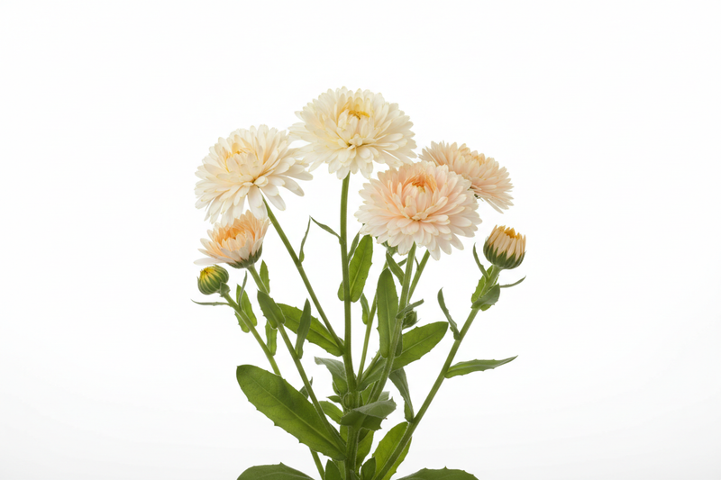Pale calendula plant with flowers on white background